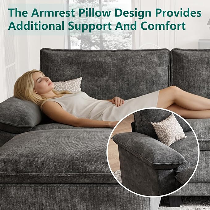 Modern L Shaped Sofa Couches for Living Room, Modular Sectional Cloud Couch with Movable Ottoman, Comfy Chenille Sofa for Apartment and Small Space, Dark Gray
