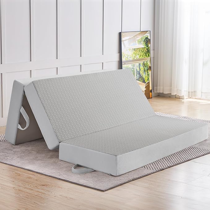 CYMULA Folding Mattress Queen Size, Memory Foam 6 inch Tri Portable Trifold Mattress Futon Topper Queen with Breathable & Washable Cover, Murphy Bed Guest Bed,Grey (58"x75"x6")
