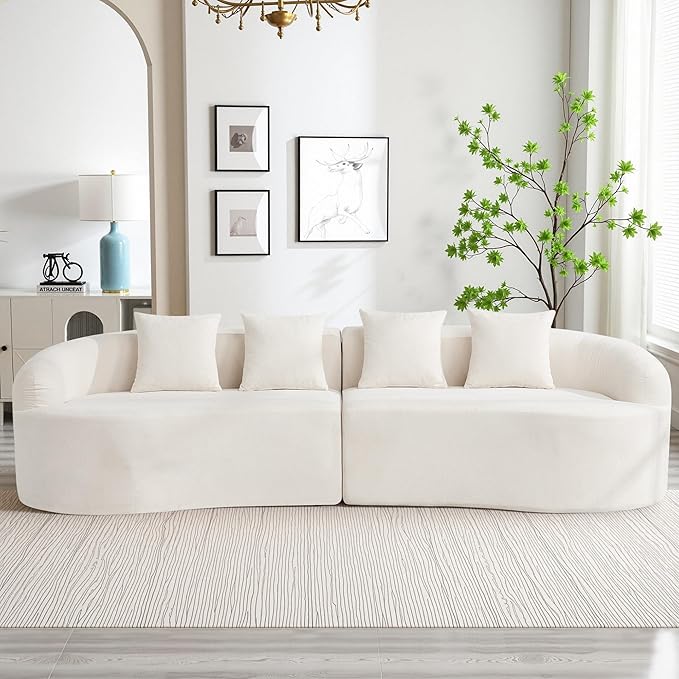 110" Boneless 4 Seater Sofa Couch, Modern Oversized Curved Cloud Sofa, Chenille 4-Seater Deep Seat Sectional Couches for Living Room, No Assembly, Beige
