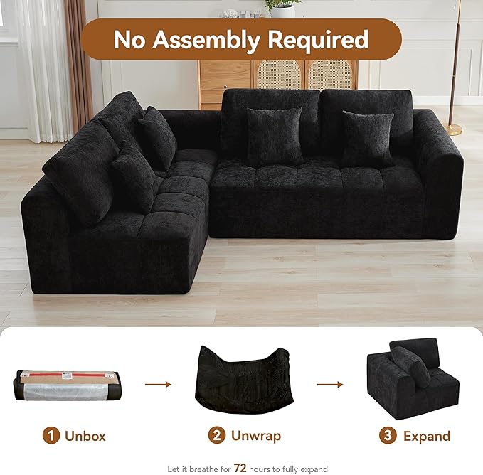 110''Modular Sectional Couches for Living Room, Cloud Boneless Compressed Sofa Left Facing Chaise, Oversized L Shaped 4 Seater Memory Foam Sofa, No Assembly, Chenille Black