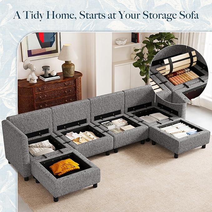 Belffin 110.2" Modular Sectional Sofa 6 Seats U Shaped Couch Washable Sectional Couches for Living Room Comfy Couches with Storage Seat Couch Sofas with Chaise,Grey