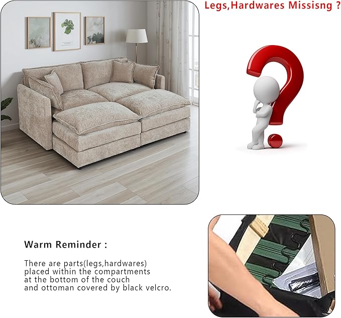 Setawix Deep Loveseat Couch with Ottomans,Large 2 Seater Lounger Cloud Couches for Living Room,77.16" Chenille Cloud Sofas with Deep Seat,Modular Sectional Sleeper Sofa for Bedroom (Coffee, 2+2)