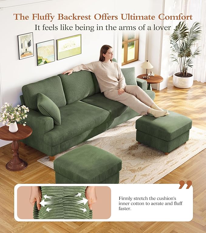 Kidirect 87in U Shaped Couch, Modular Sofa No Tool Assembly, Comfy Sectional Couches for Living Room 21in Deeper Seats, Corduroy Sofas for Living Room with 2 Pillows, Loveseat Sofa Set, Green Couch | Comfy Corduroy, Oversized 87in Couch, 850LB Tough, T...