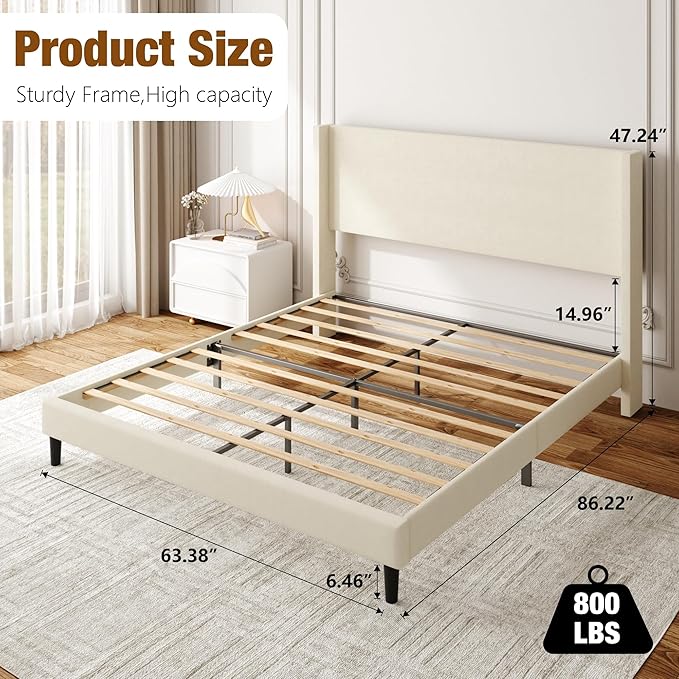 Sismplly Full Bed Frame with Wingback Headboard, Velvet Upholstered Platform Bed with Wooden Slats, 6.46“ Under Bed Storage, Metal Support, Noise Free, No Box Spring Needed, Beige