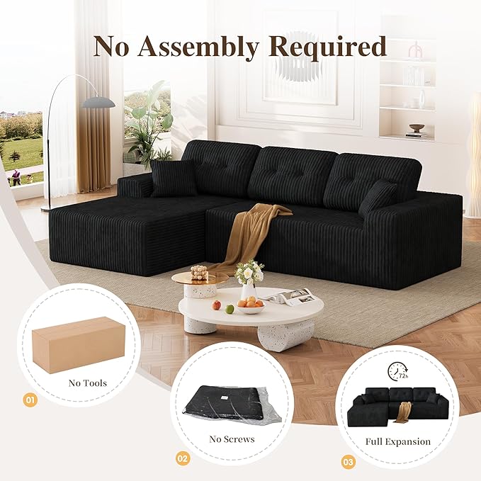 Ball & Cast 106" Boneless Sectional Sofa, Corduroy Modular L Shaped Couch with Deep Seat Chaise, Cloud Style Oversized Sectional Couch for Living Room, No Assembly, Left Facing, Black
