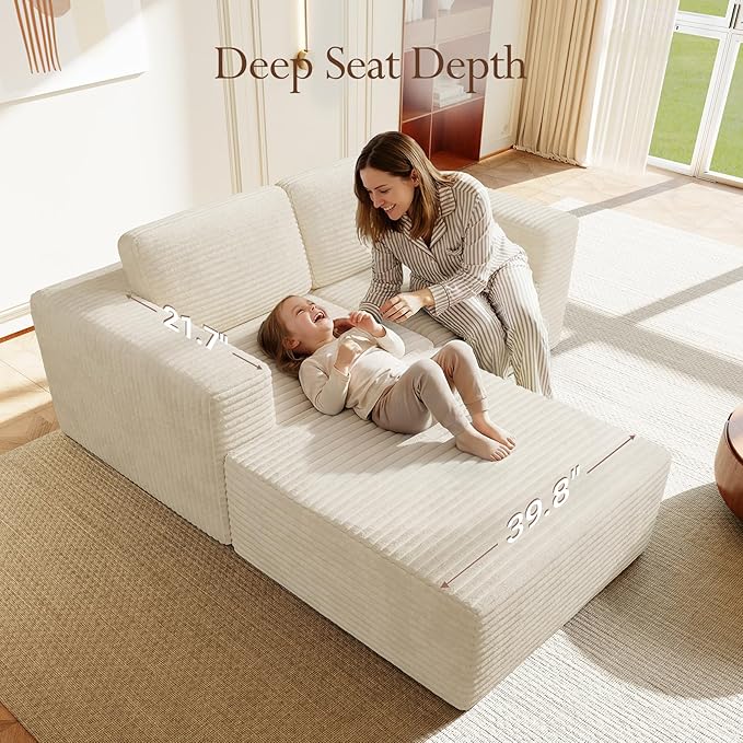 Vesgantti 80" Modular Sectional Sofa, Corduroy Cloud Couch with Deep Seats & Spring Support, Compact 2 Seater Boneless Couch, L-Shaped Modular Sofa for Small Spaces, Apartments, No Assembly, Beige