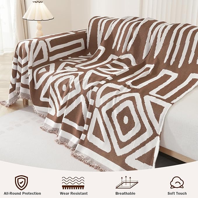 OstepDecor Boho Sectional Couch Covers 2 Pieces, L Shaped Sofa Cover, Chenille Couch Cover for Dogs Washable, Couch Cover Blanket, Sofa Slipcover for 2-3 Cushion Couch (71"x118"+91"x134", Coffee)