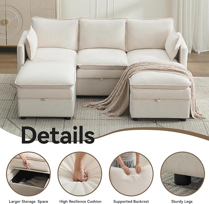 80" Cloud Modular 3 Seater Sofa with 2 Storage Ottoman, Modern Upholstered Storage Sofa Couch Deep Seat, U Shape Sectional Sofa Chenille Comfy Couch with Armrests for Living Room, Small Space, Beige | Modular Sofa, Storage Ottoman, Upholstered Sofa, Se...