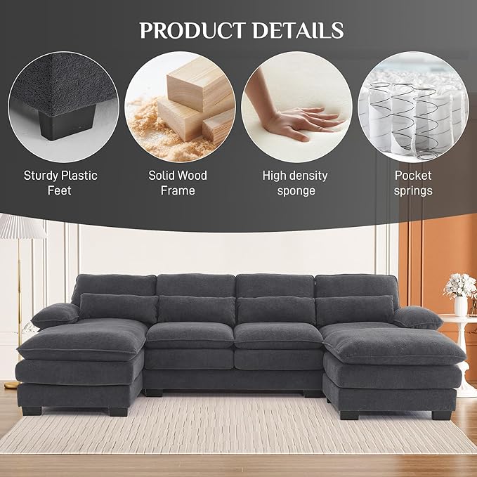 113" Cloud Couch Sectional Modular Sofa U Shaped Sectional Couches for Living Room Comfy 5-Seater Deep Seat Couch Chenille Cloud Sectional Sofa with Movable Ottoman & 4 Pillows, Dark Grey