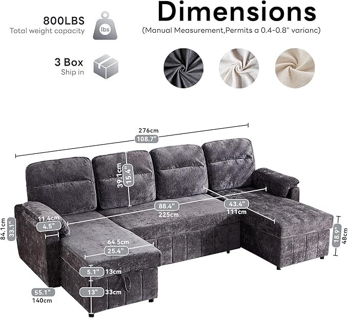 Tbfit 108'' Pull Out Sofa, Cloud Sleeper Sofa Bed with USB & 2 Storage Chaises, Comfy Oersized U Shaped Convertible Sectional Sleeper Couches for Living Room, Apartment, Office, Dark Gray