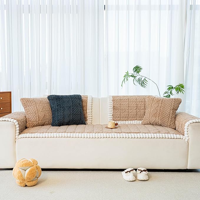 Sofa Pad, Plush Couch Cover Washable for Pet, Non-Slip Warm Couchs Cover, Funny Fuzzy Pet Couch Covers for Sofa, Sofa Slipcovers Furniture Covers for L Shaped(Light tan, 27.6"x 59")