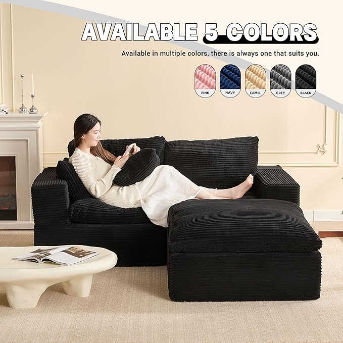 74.8” Set of Cloud Couch, Modular Loveseat Sofa, Convertible Sofas Bed, Deep Seat Sofa, Cozy Sofa for Living Room, Office and Bedroom, L Shaped Cozy Sofa Furniture Set, Corduroy, Black