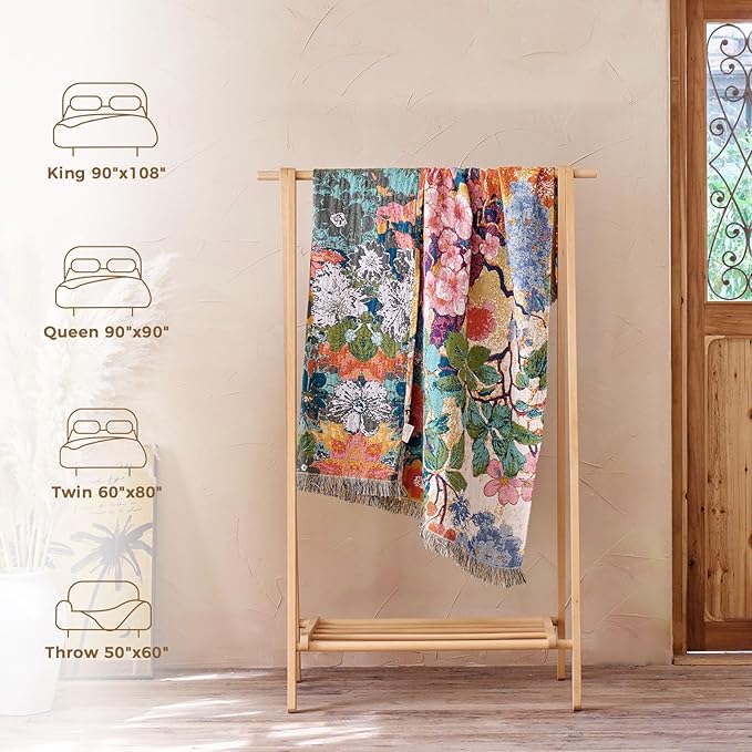 LUTBM Boho Throw Blanket for Bed Cotton Spring Blankets for Bedroom Living Room All Season Lightweight Floral Embroidery Reversible Twin Quilt for Couch Sofa Chair 60"x80" Home Decor