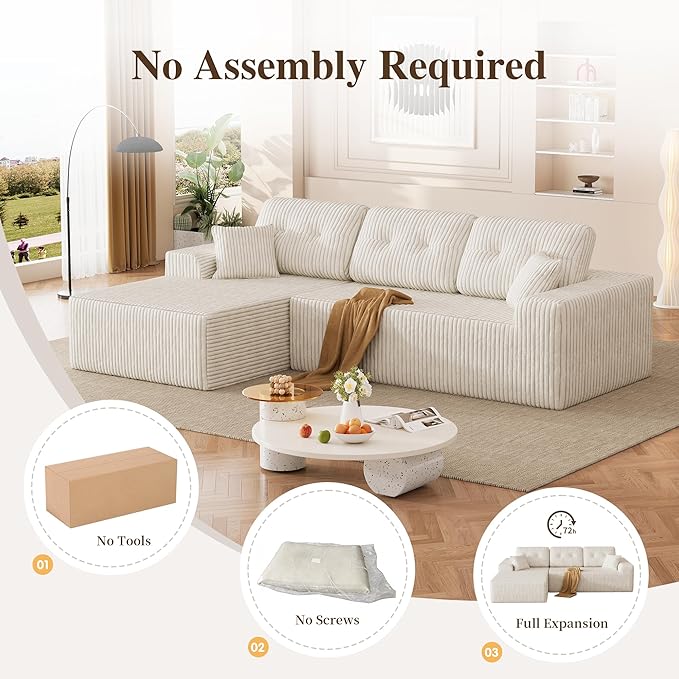 Ball & Cast 106" Boneless Sectional Sofa, Corduroy Modular L Shaped Couch with Deep Seat Chaise, Cloud Style Oversized Sectional Couch for Living Room, No Assembly, Right Facing, Corduroy Beige