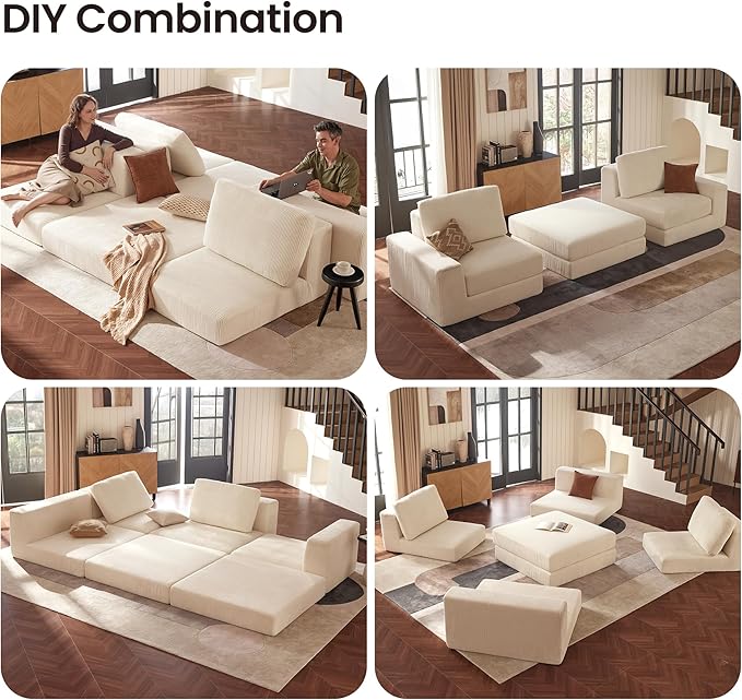 Modular Sectional Boneless Sofa, 160.63" Oversized Modern Cloud Couch Sectional Sofa with U-Shaped Chaise Comfy Corduroy Fluffy Couch with Deep Seat Couches for Living Room Bedroom, White