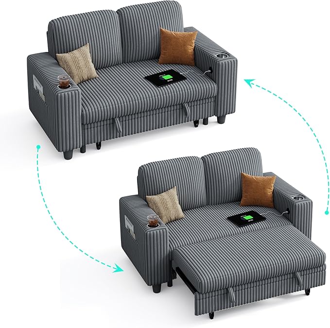 LINSY HOME Sectional Sleeper Sofa Pull Out Couches for Living Room (Grey, Pull Out Couch) | Pull Out Sofa Bed, Storage, USB Charging, Cup Holders, Plush Corduroy