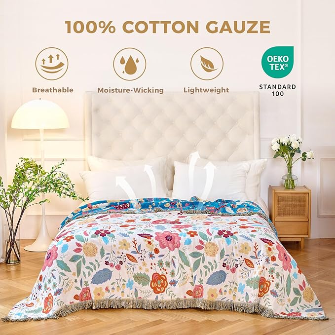 LUTBM Boho Throw Blanket for Couch Sofa Chair Cotton Spring Blankets for Bedroom Living Room All Season Soft Lightweight Reversible Floral Embroidery Throws 50"x60" Bohemian Room Decor