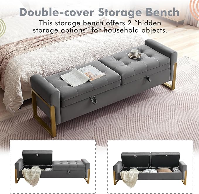 67" Storage Bench for Bedroom, End of Bed Bench King Size, Double Lids Ottoman Bench with Golden Legs Foot of Bed, Upholstered Velvet Storage Bench for Window Living Room Entryway, Dark Grey