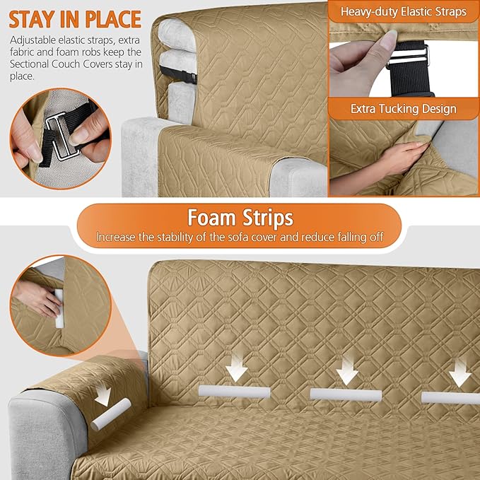 VANSOFY Upgraded Sectional Couch Covers 100% Waterproof L Shaped Sofa Slipcover Reversible Chaise Lounge Cover for Sectional Sofa Furniture Protector Cover for Pets Dog Cat(Large, Sand)