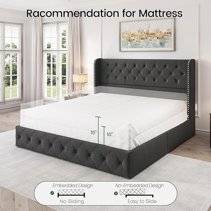 LARMACE King Size Platform Bed Frame with 4 Storage Drawers and 47.2" Tall Tufted Headboard Linen Upholstered Bed Wingback Bed Frame with Wooden Slats Support, Easy Assembly, Dark Grey