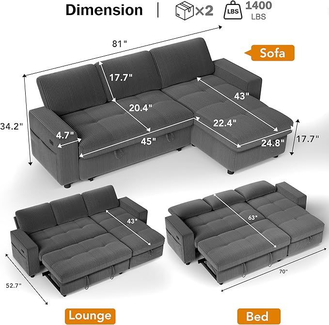 Vipbear Sectional Sleeper Couch with Pull Out Sofa Bed, L Shaped Plush Corduroy Couch with Reclining Backrest & Storage & USB Charging, Convertible Cloud Sectional Sofa Bed for Living Room, Grey | Breathable material, Tool-Free Assembly, Reclining Back...