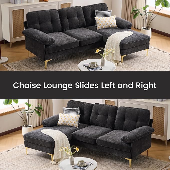 Sectional Couches for Living Room,85" L-Shaped Sofas,Modern Couch with Deep Seats & Chaise Longue,Removable Sofa Pillows Washable,Sofa for Apartments(Chenille,Black)