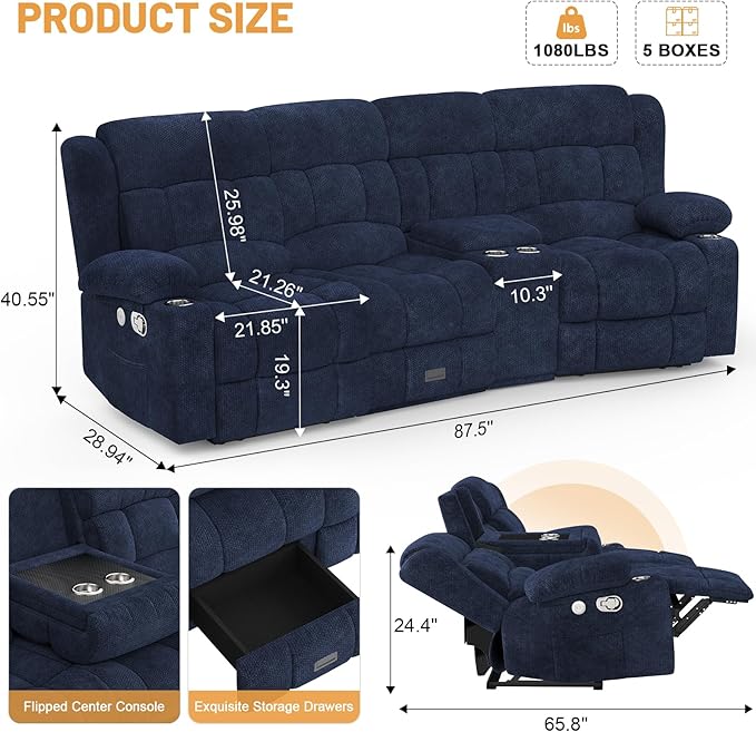 Recliner Sofa Set with Storage Console, Flip Middle Backrest Design 3 Seater Reclining Sofa and 2PC Single Recliner Chair, Manual Couches for Living Room (Blue, 3 Seat+Console+1+1)