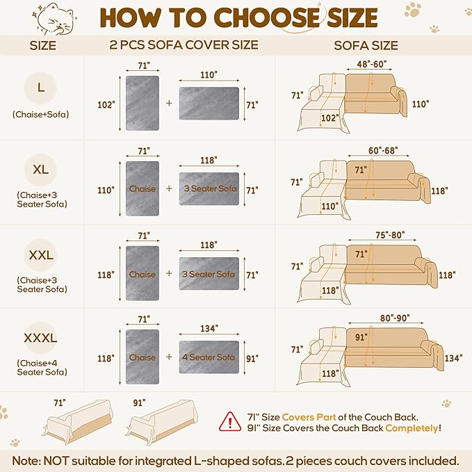 L Shaped Sectional Couch Cover 2 Pcs, Ultra Soft Waterproof Non-Slip Sofa Cover, Pet & Kid Proof Furniture Protector for Left/Right Chaise, Washable Scratch-Resistant Slipcover (L,102"x71"+110"x 71")