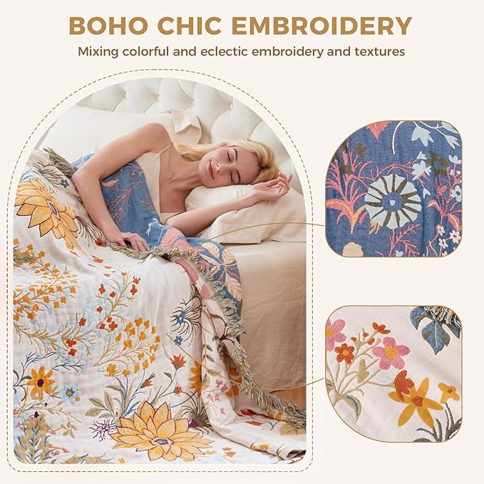 LUTBM Boho Throw Blanket for Couch Sofa Chair Cotton Spring Breathable Blankets for Bedroom Living Room All Season Soft Lightweight Reversible Floral Embroidery Throws Home Decor 50"x60"
