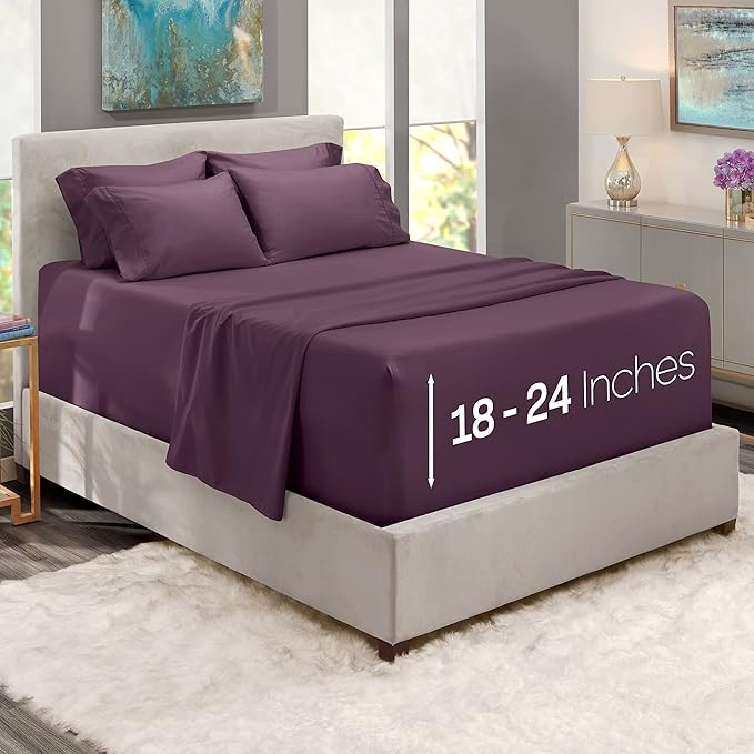 Hearth & Harbor Extra Deep Pocket Queen Sheets Sets - Fits Mattress 18-24 Inches Deep - Extra Deep Pocket Sheets - 6 Piece Queen Size - Eggplant