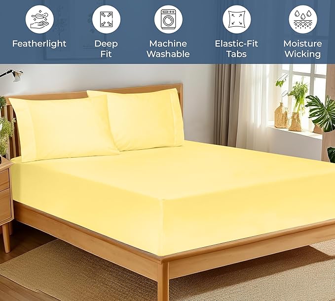 Royale Linens 100% Organic Cotton Fitted Sheet - Percale Weave - Super Soft Deep Pocket Bottom Sheets - Elastic Sheet Queen Size - Queen Fitted Sheets Only - (60"x80"+15", Yellow)