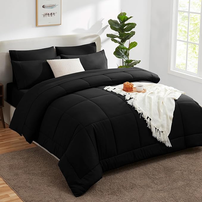 CozyLux Oversized King Comforter Sets Black, 7 Pieces Bed in a Bag, Ultra-Soft All Season Bedding Sets with Stitch Quilted Comforter, Flat Sheet, Fitted Sheet, Pillowcases