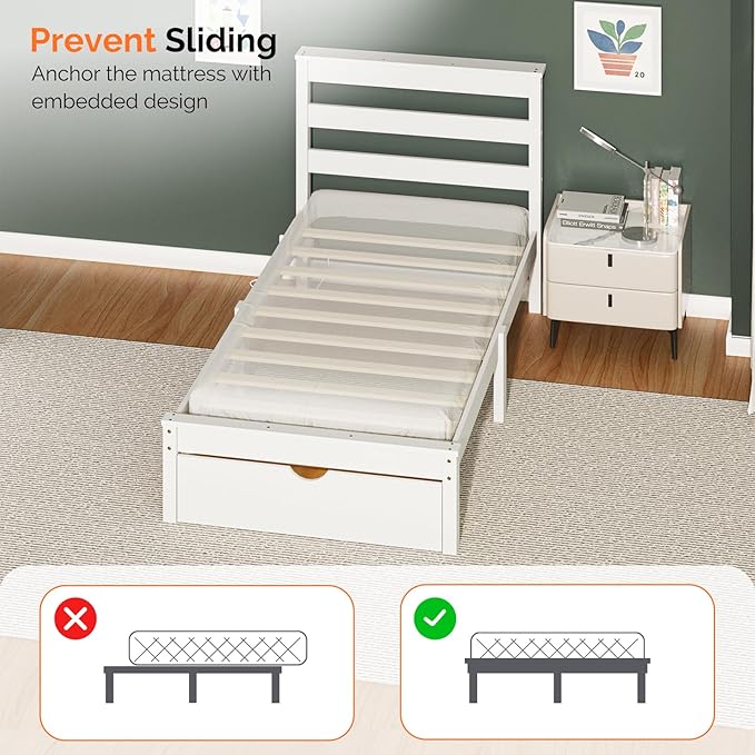 VINGLI Solid Wood Twin Bed Frame with LED Lights & USB Charging Station,Kids Platform Bed with Storage Headboard Shelf, Underbed Storage Drawer,White