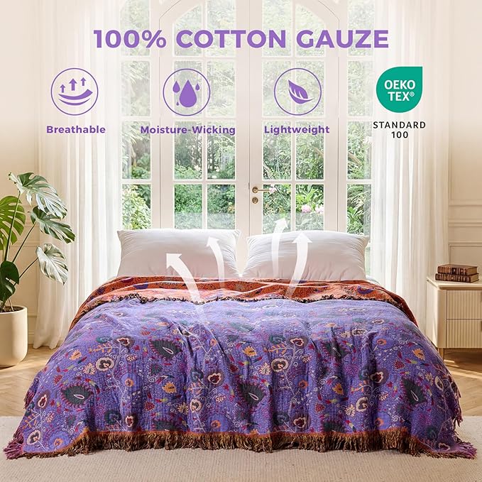 Boho Throw Blanket for Bed 100% Cotton Soft Lightweight Quilt Home Decor Purple Spring Bed Blanket,Floral Embroidery Reversible All Season Breathable Twin Throws for Sofa Couch Chair 60"x80"