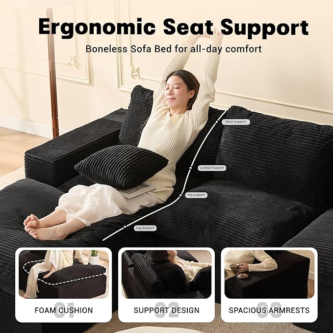106.3” Sectional Couches for Living Room, Set of Cloud Couch, Modular Sectional Sofa, Convertible Sofas Bed, Deep Seat Sofa, L Shaped Cozy Sofa Furniture Set, Corduroy, Black