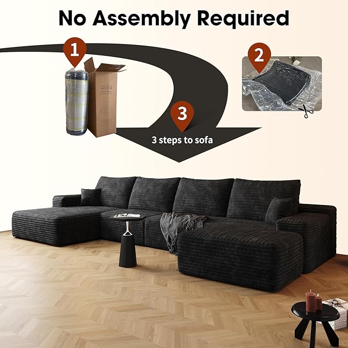 136" Sectional Couches for Living Room Cloud Couch Sofa with L-Shape Upholstered Boneless Couchs Modern Modular Sectional Couch with Chaise (Black, 136" Left Facing Chaise+3Seaters+Ottoman)