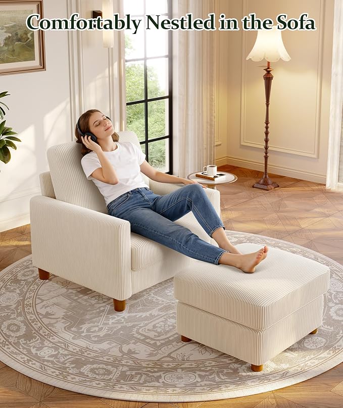 35.3" Couches for Living Room, Comfy Beige Couch Single with 22.5" Deeper Seat, Accent Chair Tool-Free Setup, Reading Chair 440lbs Support, Corduroy Couch for Bedroom, Apartment, Office