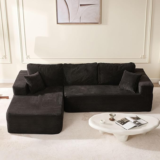 107" Boneless Couch with Deep Seat, Set of Modular Sectional Sofa, Cloud Sectional Couch for Living Room, No Assembly Required, Corduroy, L-Shape Left, Black