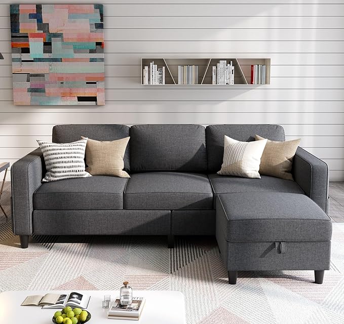 Sectional Sofas Couches for Living Room 78" L-Shaped Small Couch - Modern Linen Dark Grey Sofa with Storage Ottoman for Apartments, Studios Home Offices, Small Space