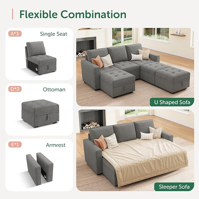 HONBAY Modular Sectional Couch Sleeper Sofa Bed with Storage Seats Oversized Sectional Couches for Living Room,Warm Grey