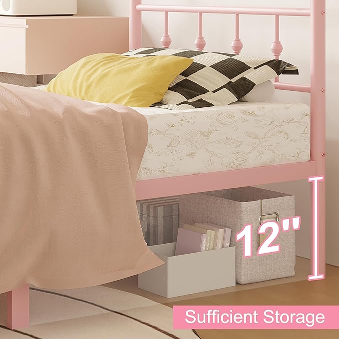 Richwanone 14 inch Twin Bed Frame with Headboard and Footboard, Heavy Duty Metal Bed Frame Victorian Style, No Box Spring Needed, Easy Assembly, Pink