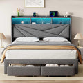 Driftalia LED Full Size Bed Frame with 2 Storage Drawers, Upholstered Full Bed Frame with Headboard and Charging Station, No Box Spring Needed, Easy to Assembly-Light Grey