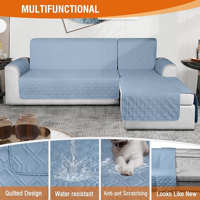 VANSOFY Sectional Couch Covers 100% Waterproof L Shaped Sofa Slipcover 3pcs Reversible Chaise Lounge Cover for Sectional Sofa Furniture Protector Cover for Pets Dog Cat(Small, Azuree)