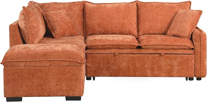 LUMISOL 82.7" Convertible Sleeper Sofa Bed with Storage Ottoman, L-Shaped Sectional Sofa with Pull Out Bed, USB Ports, Chenille Sleeper Sofa Couch with Chaise for Living Room, Orange