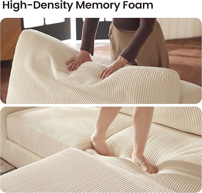 Modular Sectional Sofa, 80.31" Modern Cloud Couch Sectional Sofa with L-Shaped Chaise Comfy Corduroy Fluffy Couch with Deep Seat Boneless couches for Living Room Bedroom, White