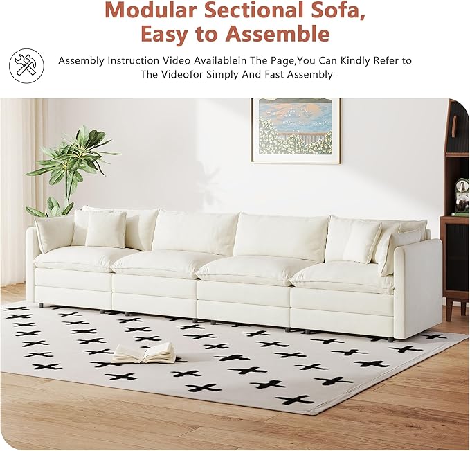 Setawix Chenille Cloud Couches for Living Room,4 Seater Cloud Sofa Couch with Deep Seat,147.22" Roomy Cloud Sofas,Modular Sectional 4 Seat Sofa with Pillows for Bedroom (Beige, 4 Seater)