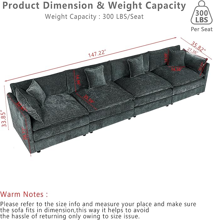 Setawix Chenille Cloud Couches for Living Room,4 Seater Cloud Sofa Couch with Deep Seat,147.22" Roomy Cloud Sofas,Modular Sectional 4 Seat Sofa with Pillows for Bedroom (Grey, 4 Seater)