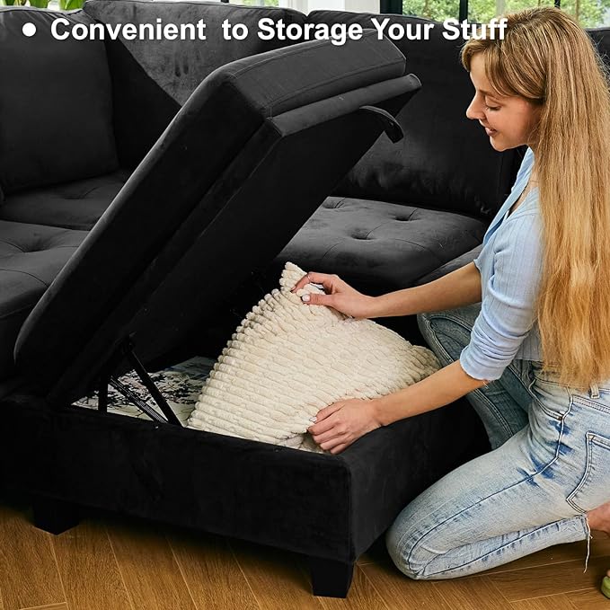 Belffin Modular Sectional Sleeper Sofa with Pull Out Bed Convertible Velvet Sleeper Sofa with Storage Sectional Couches for Living Room Black