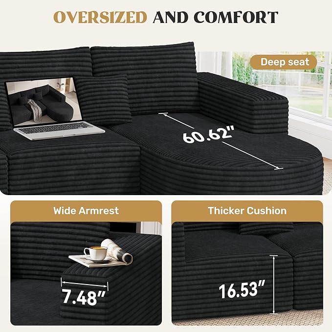 110" Modular Sectional Sofa Couches, Cloud Couches for Living Room, Boneless Sofa with Deep Seat,L-Shape Couch with Chaise,No Assembly Required,Black,1 PCS