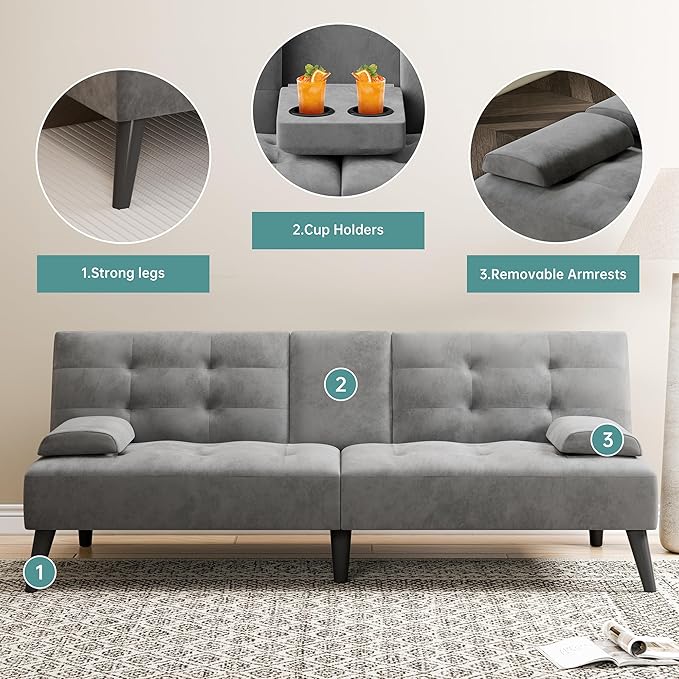 Meilocar 64" Futon Sofa Bed, Convertible Loveseat with 2 Cup Holders, Small Couch with 3 Adjustable Angles & Armrests, Sleeper Sofa for Apartment, Office, Dark Grey | small couch